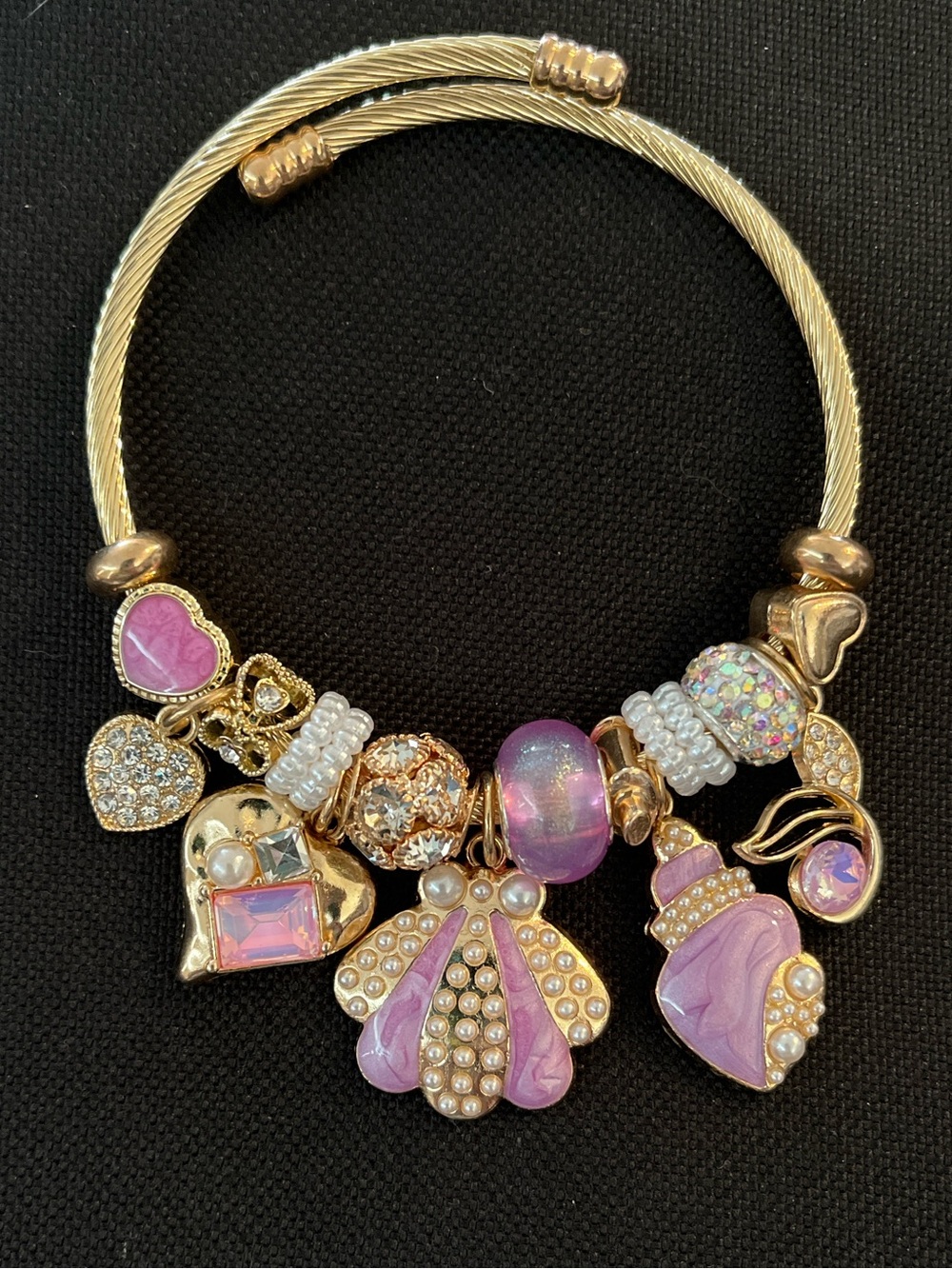 Gold-Tone Pink Charm Bracelet with Pearls and Crystals